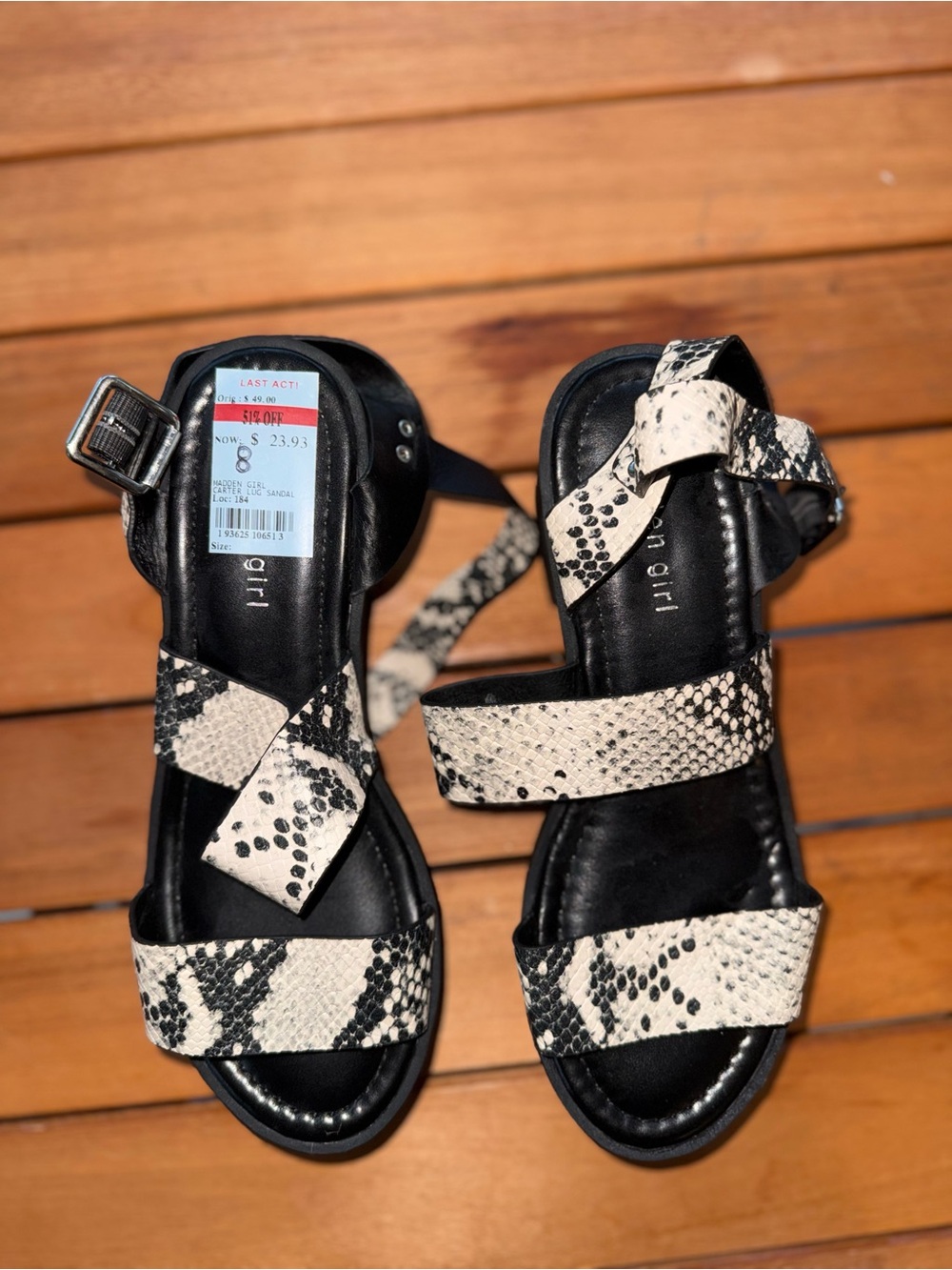 Madden Girl Black & Cream Snake-Print Strappy Sandals